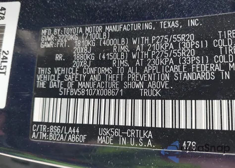 2007 Toyota Tundra Limited 5.7L V8 from USA, damaged, VIN 5TFBV58107X008671